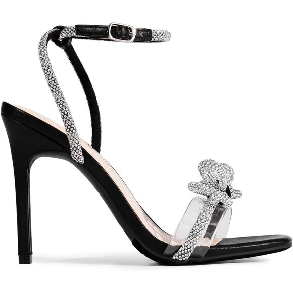 🆕 Women Black Double Bowknots Crystal Sandals Clear Slingback Square Toe Heels - Picture 3 of 7